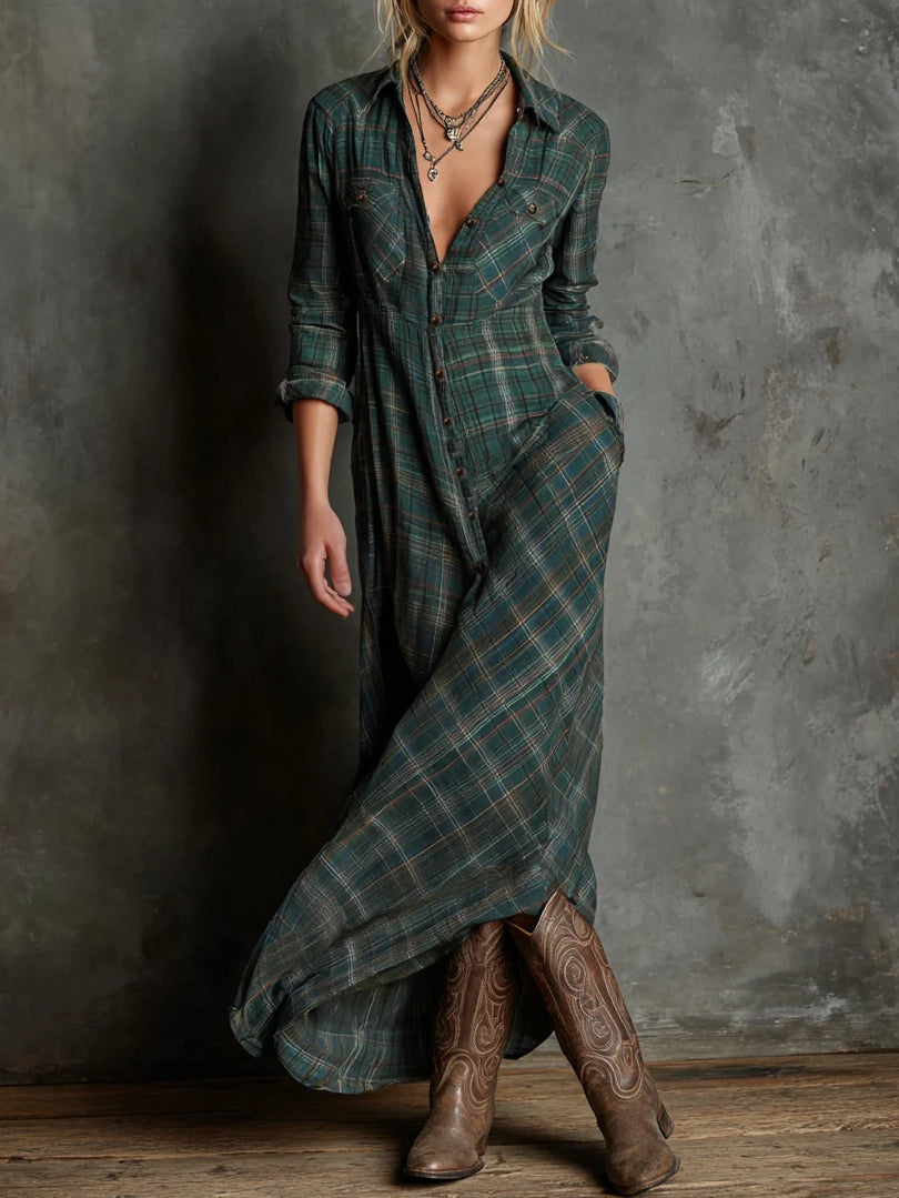 Loriviannea | Long Dress With Green Check Lapel